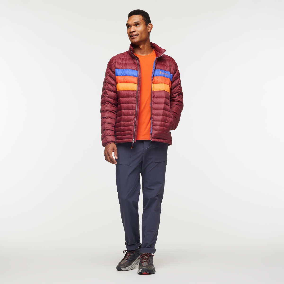 Fuego Down Jacket - Men's, Burgundy Stripes, Model Jason