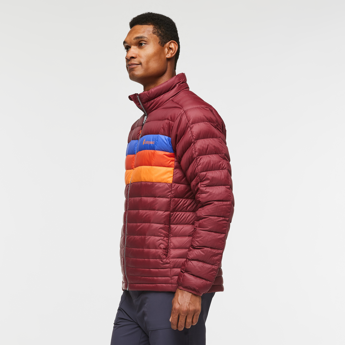 Fuego Down Jacket - Men's, Burgundy Stripes, Model Jason