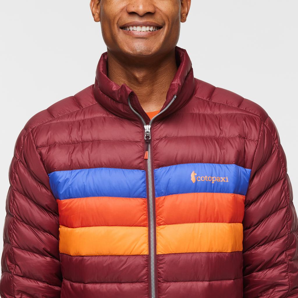 Fuego Down Jacket - Men's, Burgundy Stripes, Model Jason