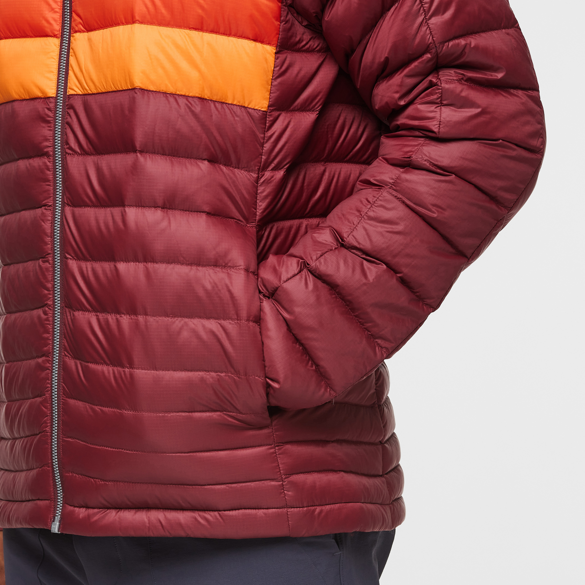 Fuego Down Jacket - Men's, Burgundy Stripes, Model Jason