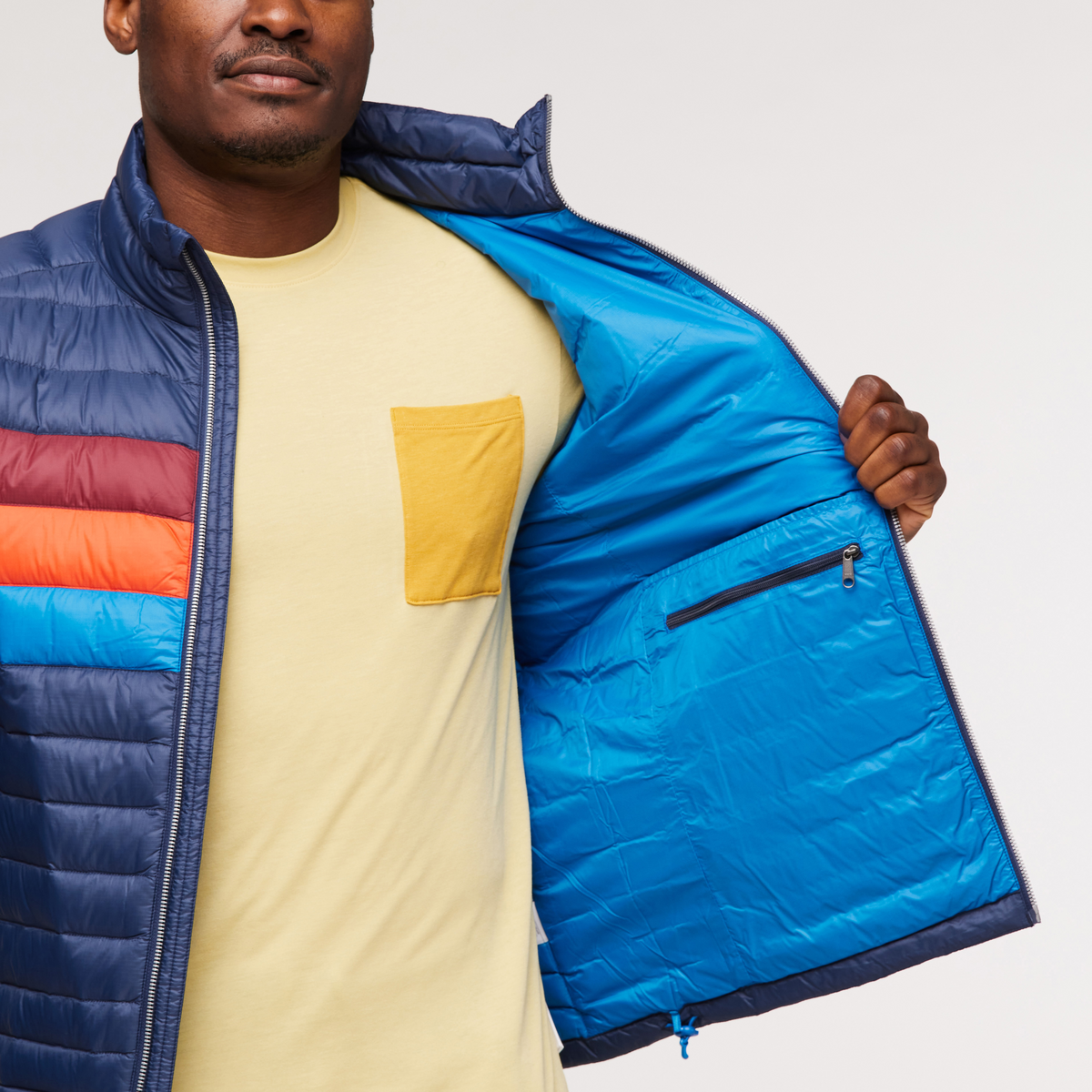 Fuego Down Jacket - Men's, Ink Stripes, Model Jeremy