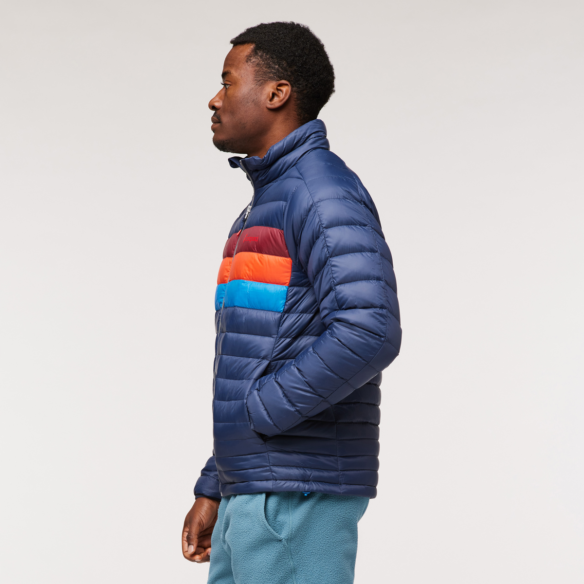 Fuego Down Jacket - Men's, Ink Stripes, Model Jeremy