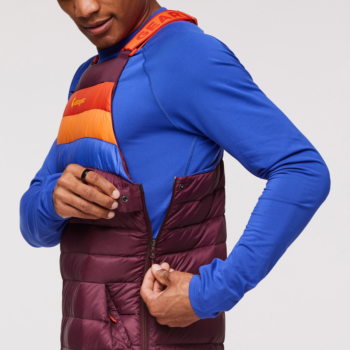 Fuego Down Overall - Men's, Wine Stripes, Model Jason