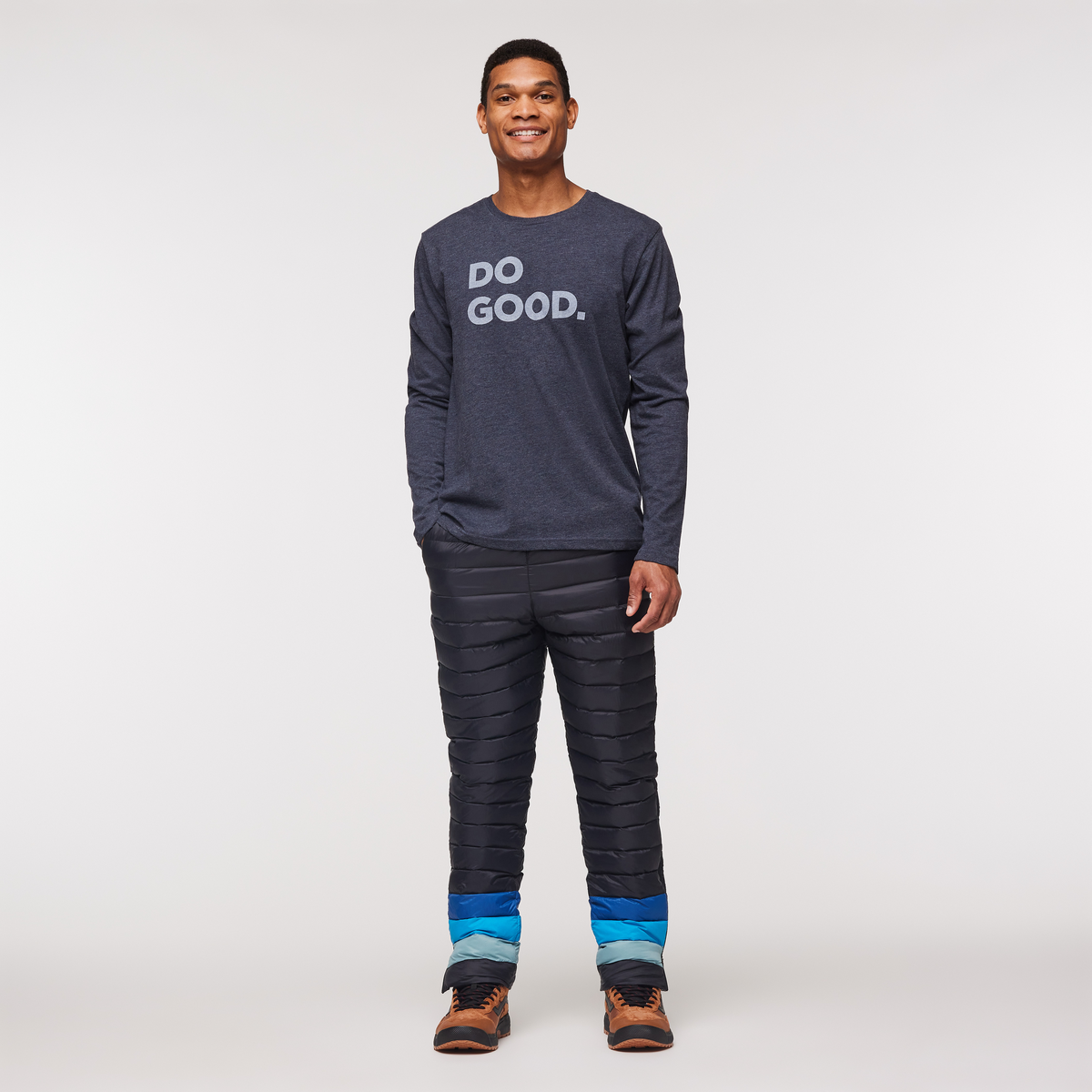 Fuego Down Pant - Men's, Black Stripes, Model Jason