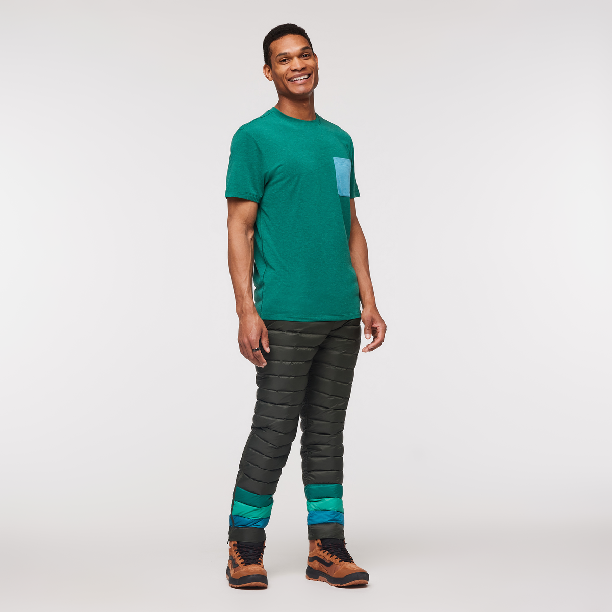 Fuego Down Pant - Men's, Woods Stripes, Model Jason