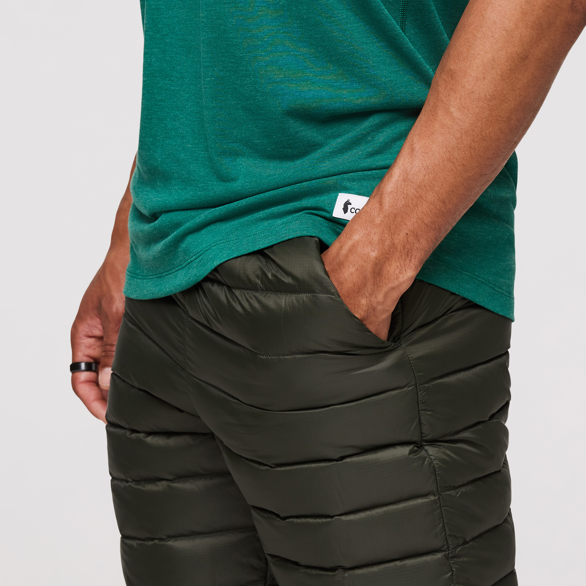 Fuego Down Pant - Men's, Woods Stripes, Model Jason