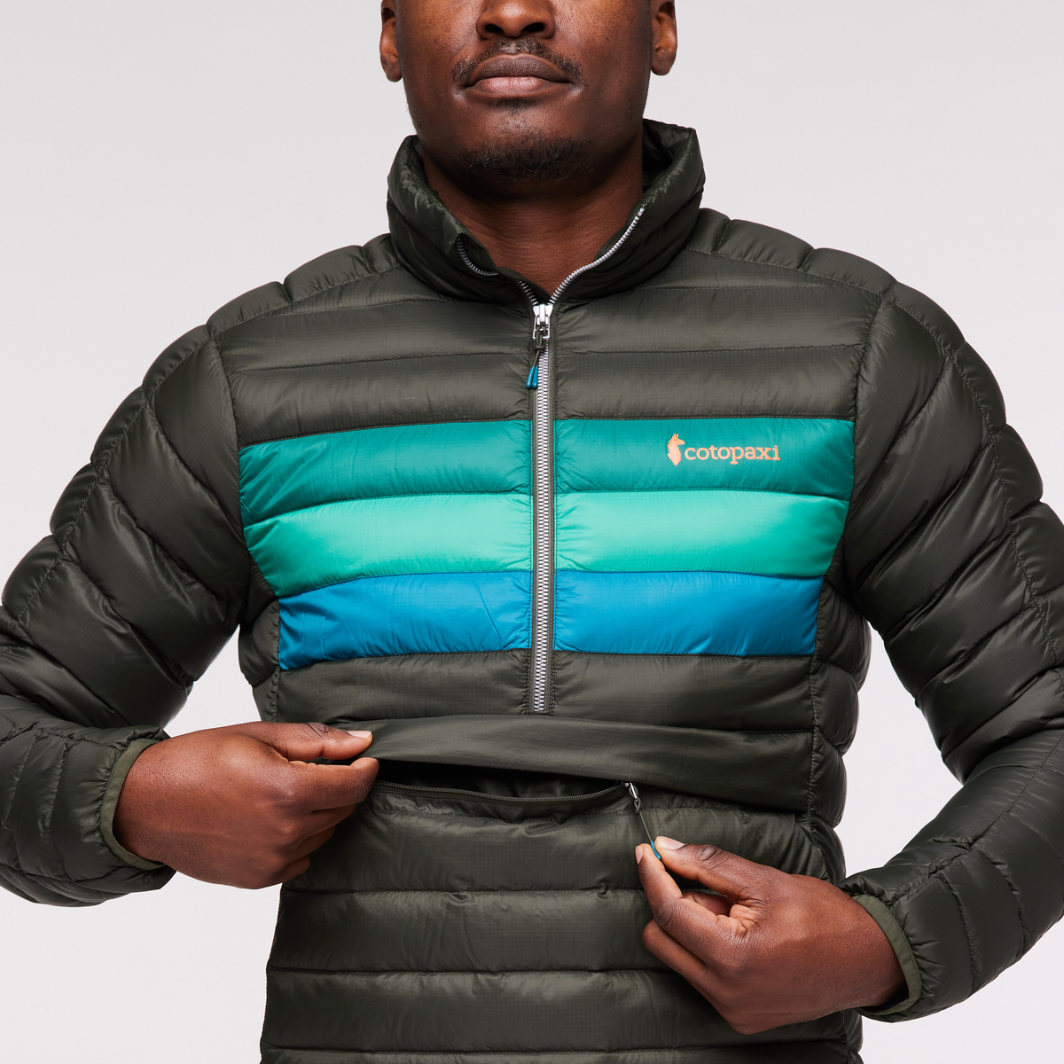 Fuego Down Pullover - Men's, Woods Stripes, Model Jeremy