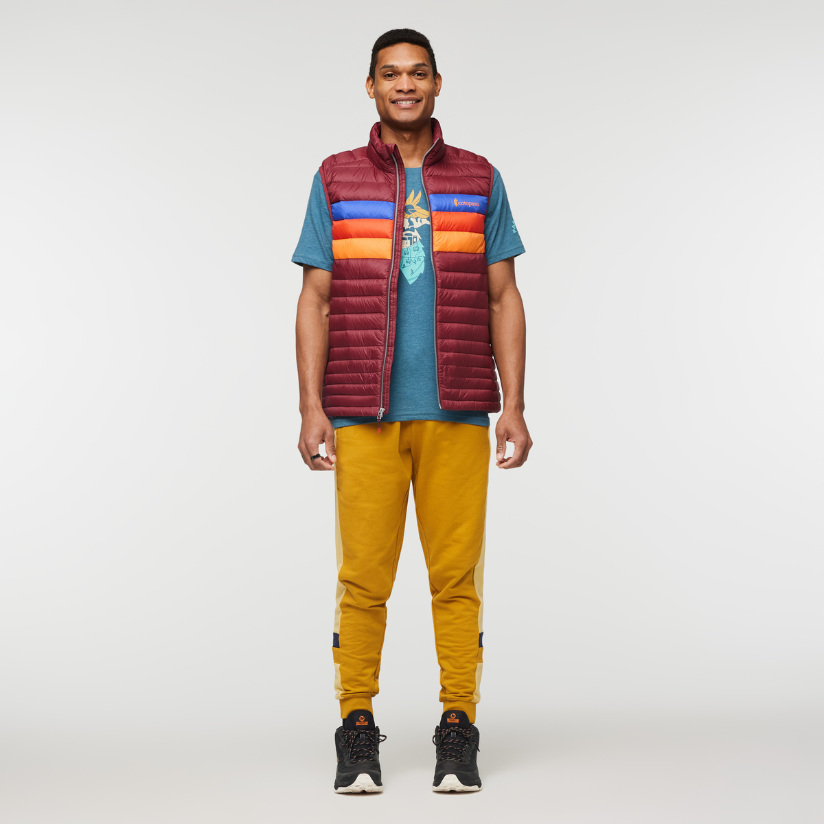 Fuego Down Vest - Men's, Burgundy Stripes, Model Jason