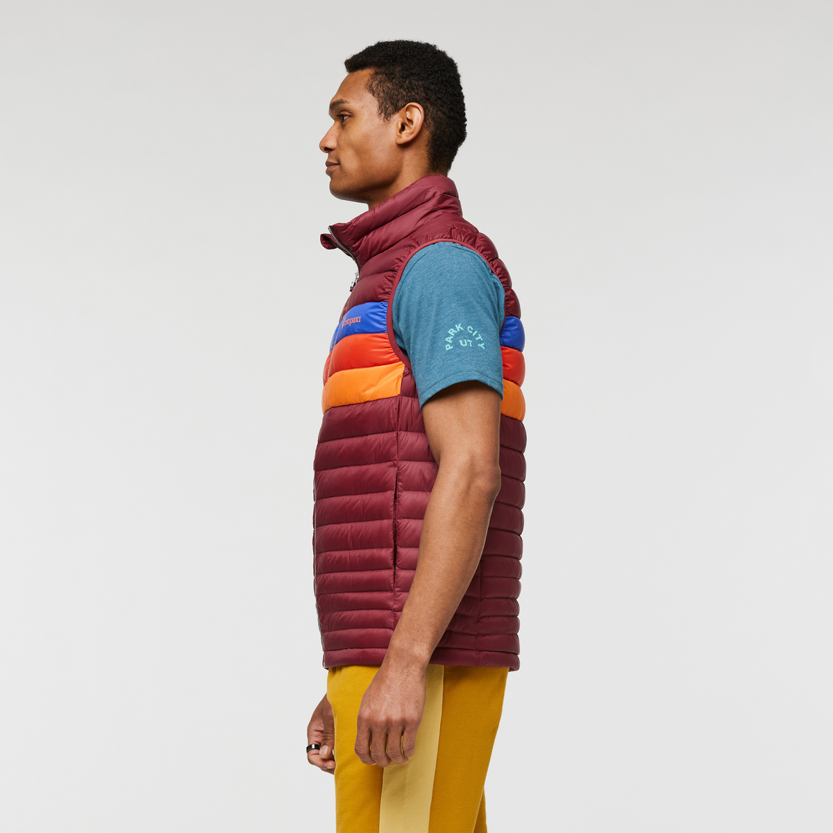 Fuego Down Vest - Men's, Burgundy Stripes, Model Jason