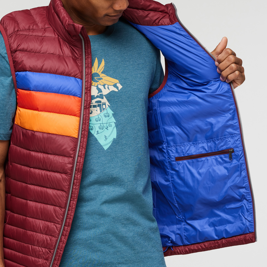 Fuego Down Vest - Men's, Burgundy Stripes, Model Jason