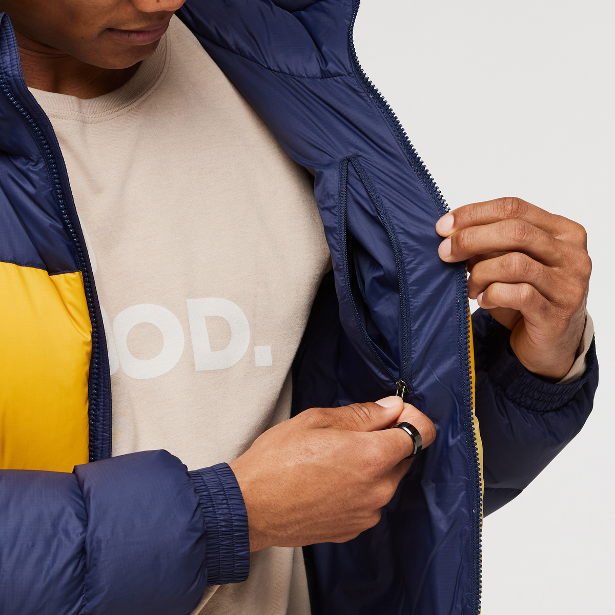 Solazo Hooded Down Jacket - Men's, Maritime/Amber, Model Jason