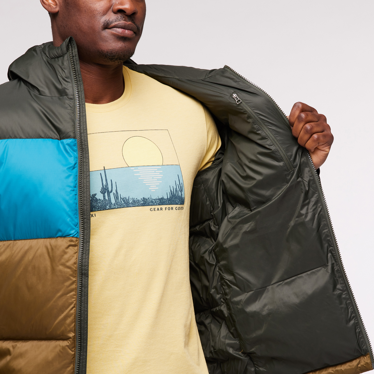 Solazo Hooded Down Jacket - Men's, Woods/Gulf, Model Jeremy