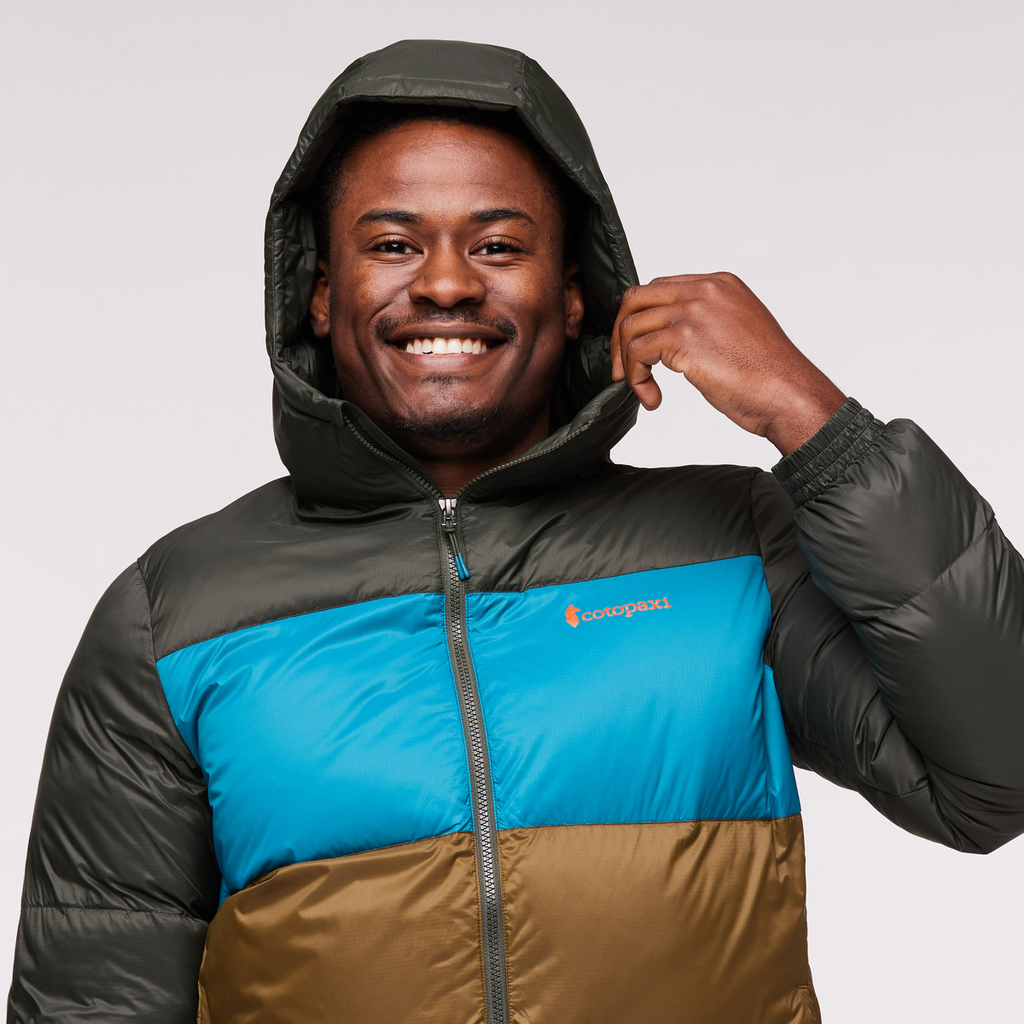 Solazo Hooded Down Jacket - Men's, Woods/Gulf, Model Jeremy
