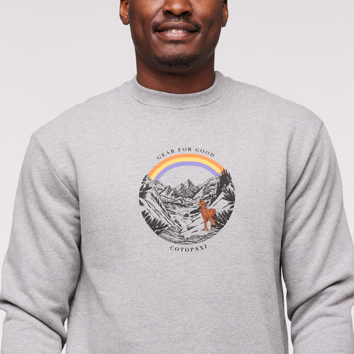 Traveling Llama Crew Sweatshirt - Men's, Heather Grey, Model Jeremy