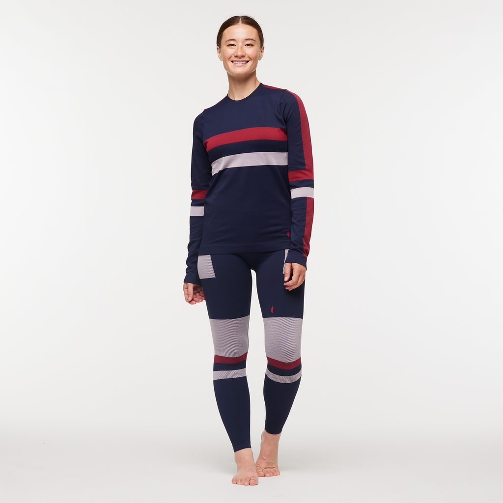 Debajo Seamless Baselayer Crew - Women's, Ink Stripes, Model Aya