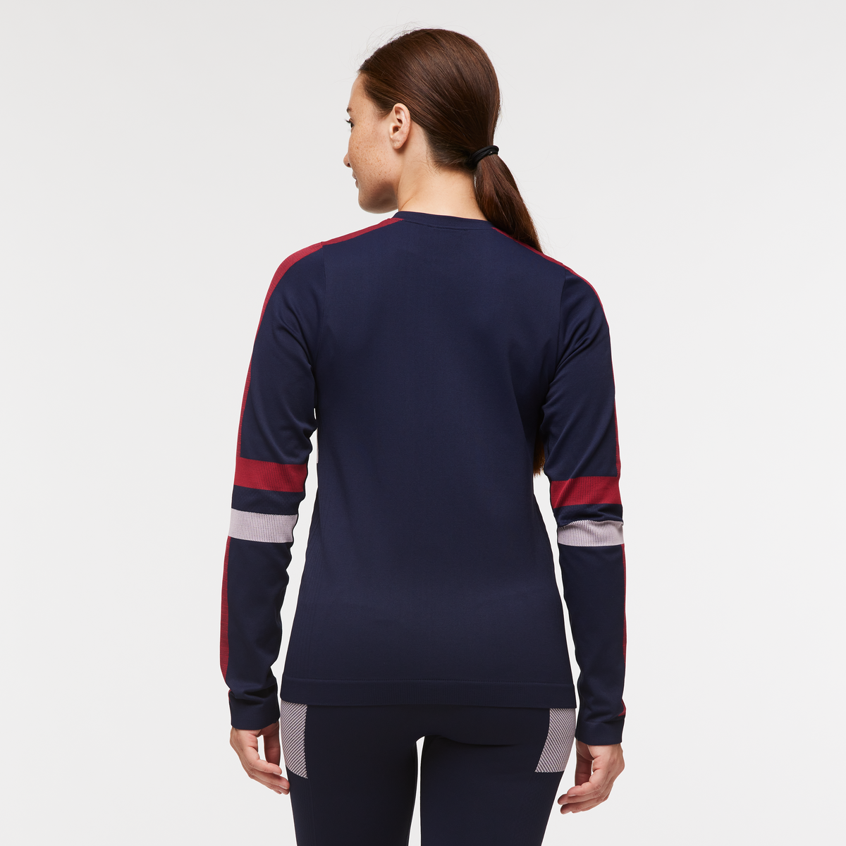 Debajo Seamless Baselayer Crew - Women's, Ink Stripes, Model Aya