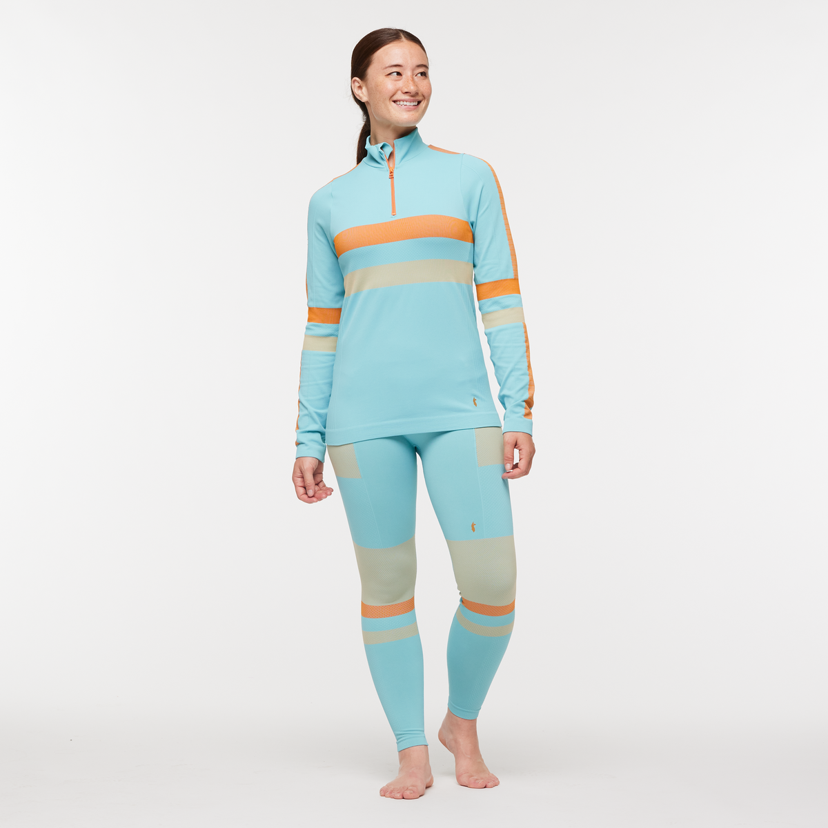 Debajo Seamless Baselayer Quarter-Zip - Women's, Bluebird Stripes, Model Aya