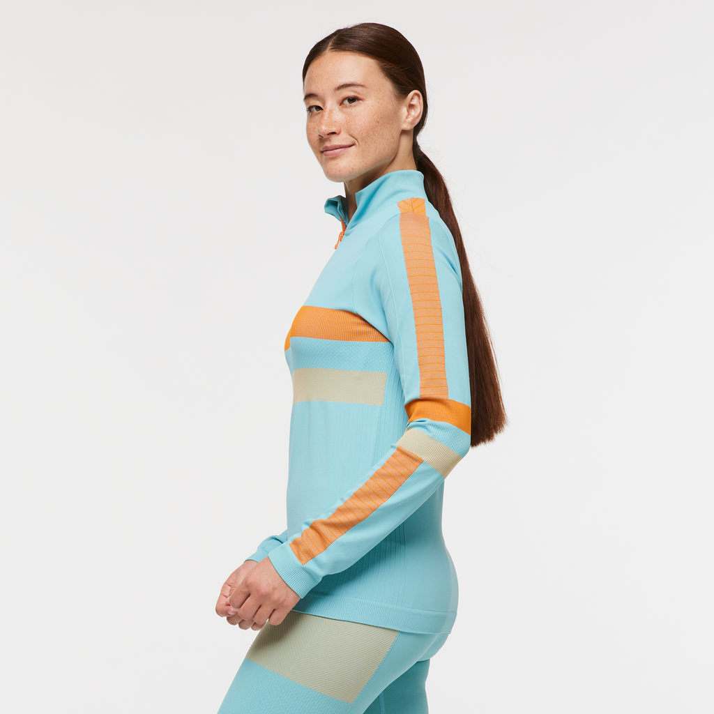 Debajo Seamless Baselayer Quarter-Zip - Women's, Bluebird Stripes, Model Aya