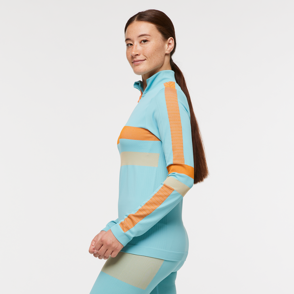 Debajo Seamless Baselayer Quarter-Zip - Women's, Bluebird Stripes, Model Aya
