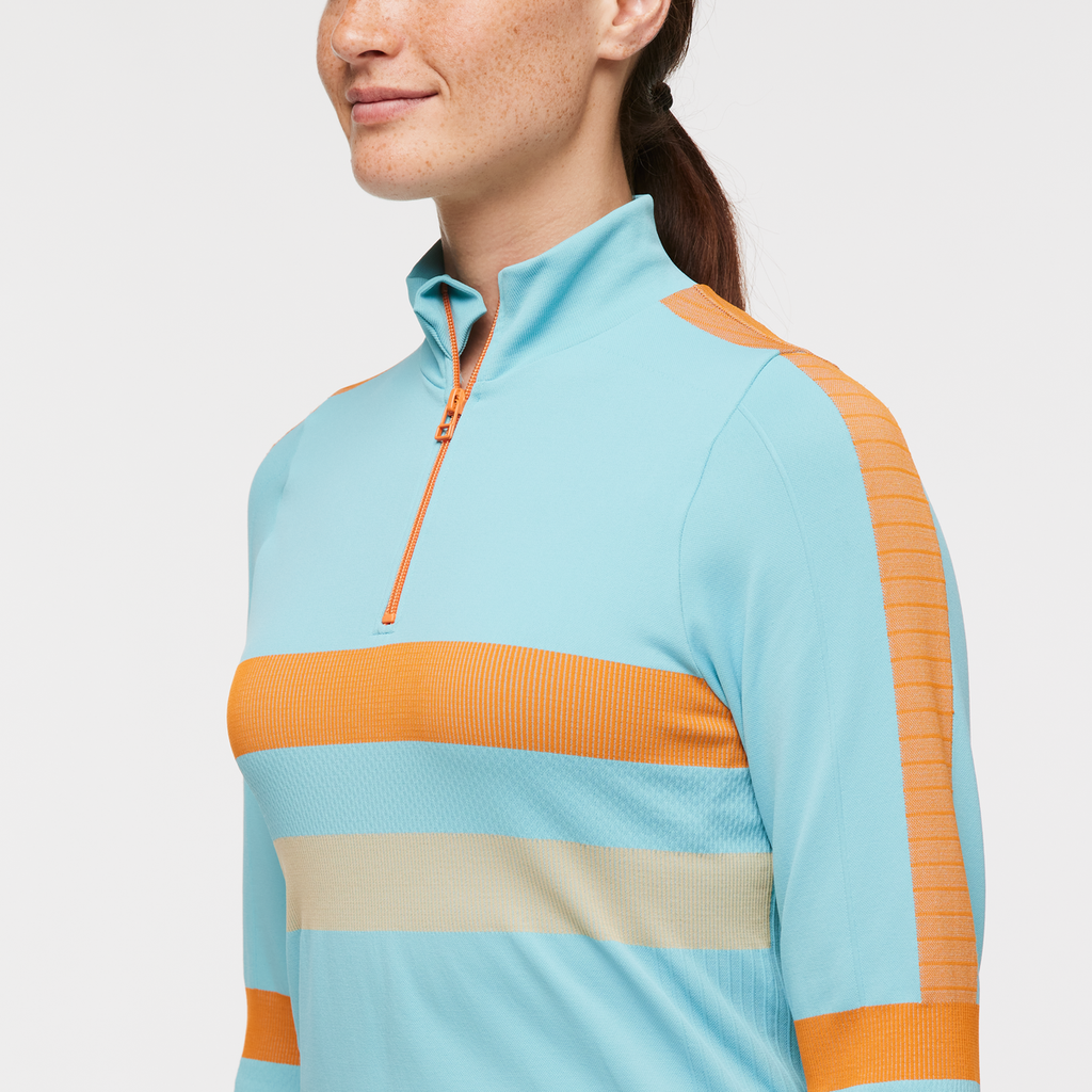 Debajo Seamless Baselayer Quarter-Zip - Women's, Bluebird Stripes, Model Aya
