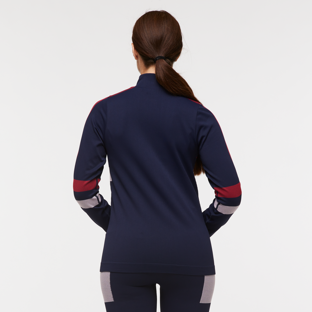 Debajo Seamless Baselayer Quarter-Zip - Women's, Ink Stripes, Model Aya