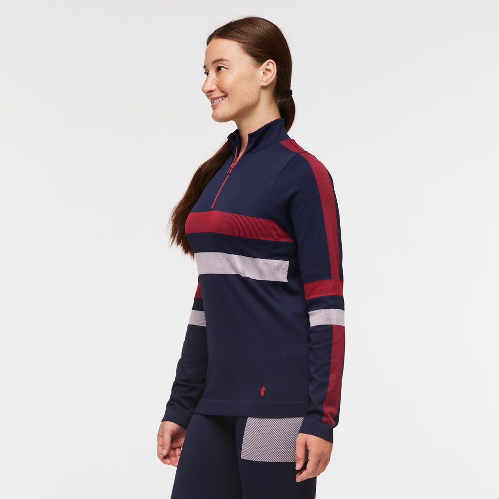 Debajo Seamless Baselayer Quarter-Zip - Women's, Ink Stripes, Model Aya