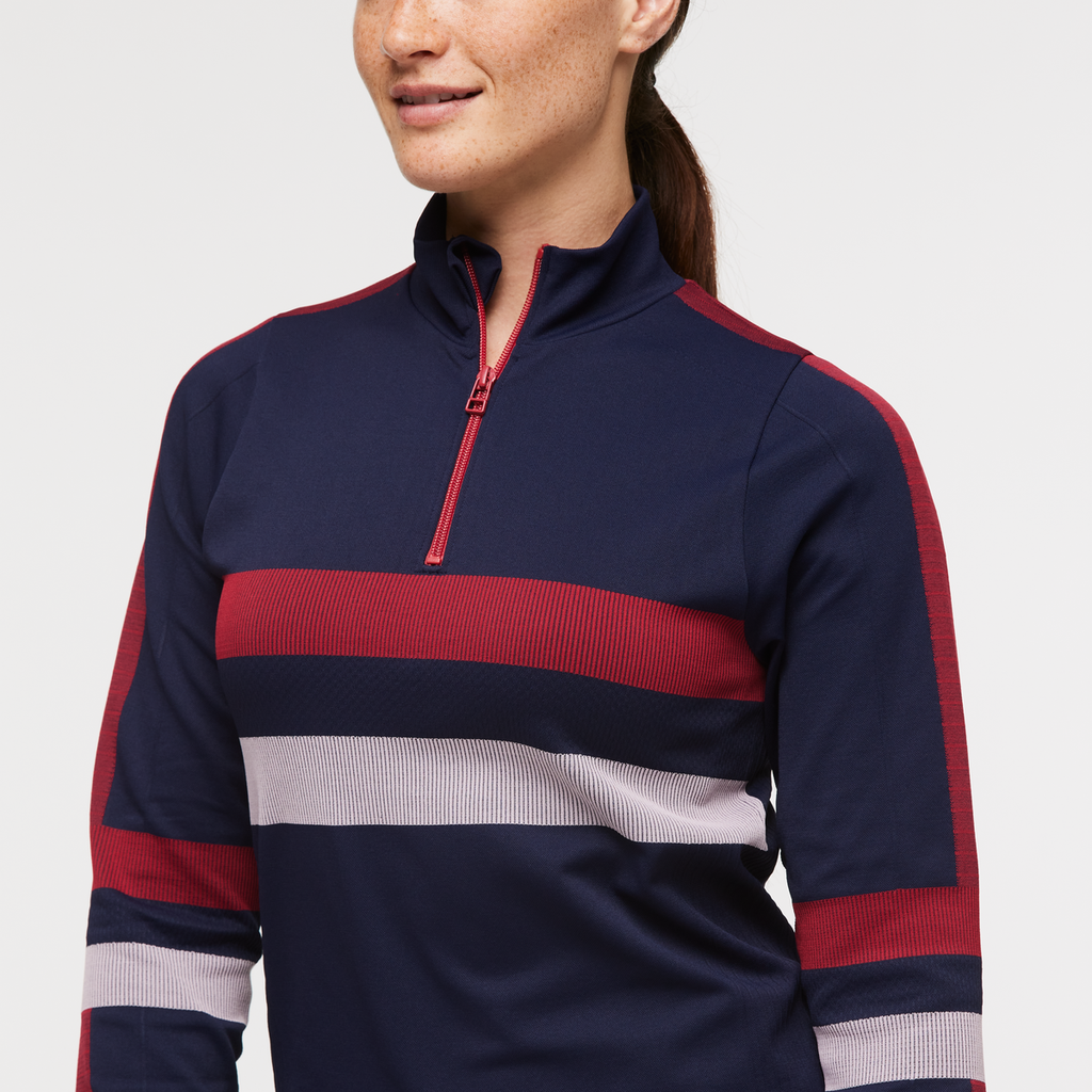 Debajo Seamless Baselayer Quarter-Zip - Women's, Ink Stripes, Model Aya