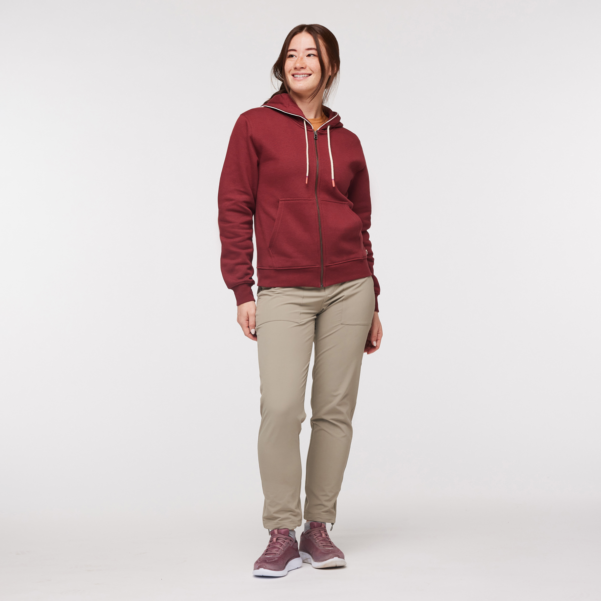 Do Good Organic Full-Zip Hoodie - Women's, Burgundy, Model Aya