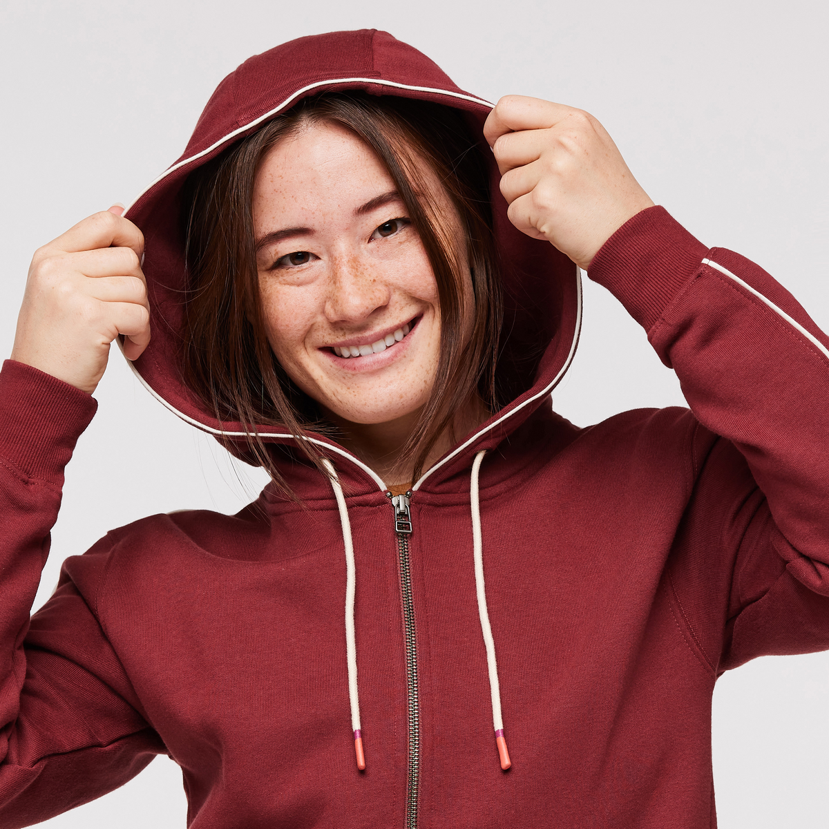 Do Good Organic Full-Zip Hoodie - Women's, Burgundy, Model Aya
