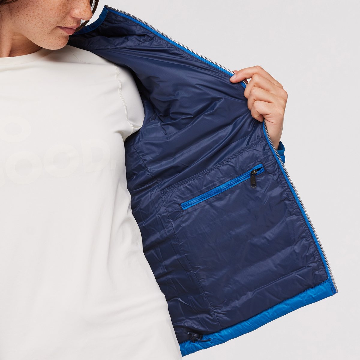 Fuego Hooded Down Jacket - Women's, Atlantic Stripes, Model Aya