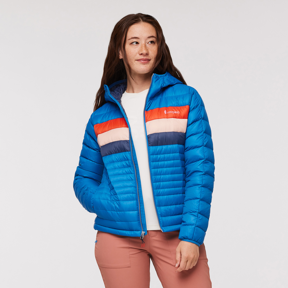 Fuego Hooded Down Jacket - Women's, Atlantic Stripes, Model Aya