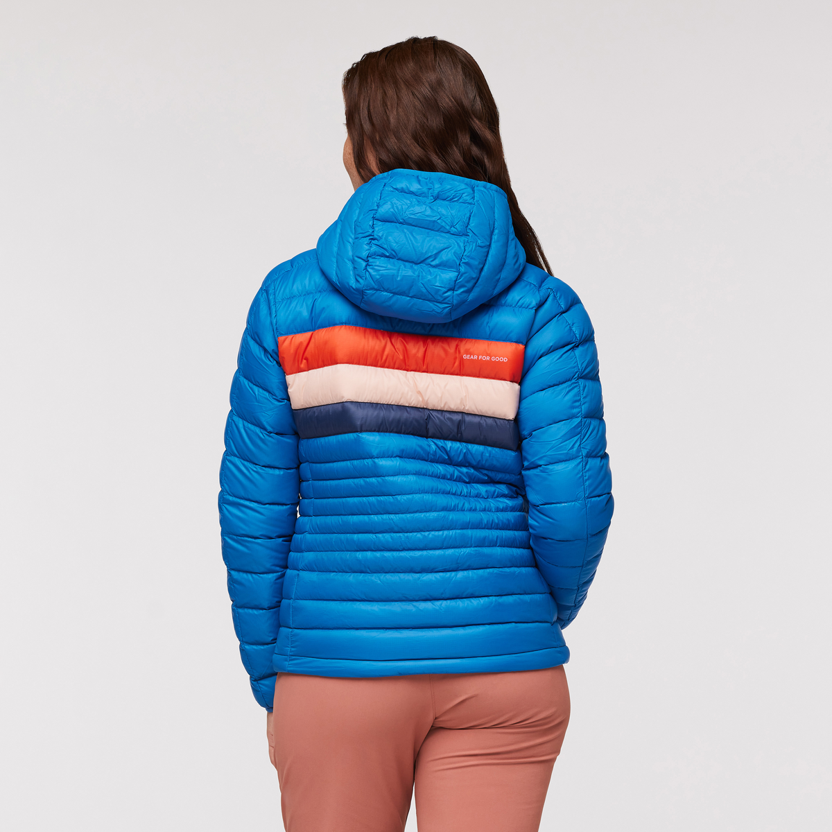 Fuego Hooded Down Jacket - Women's, Atlantic Stripes, Model Aya