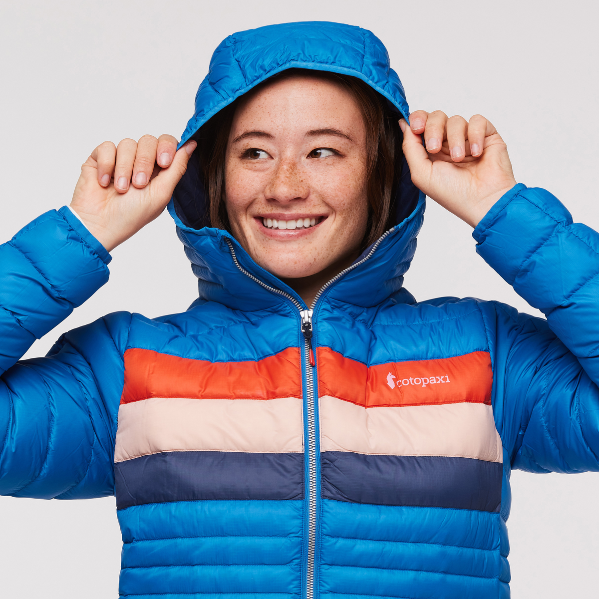 Fuego Hooded Down Jacket - Women's, Atlantic Stripes, Model Aya