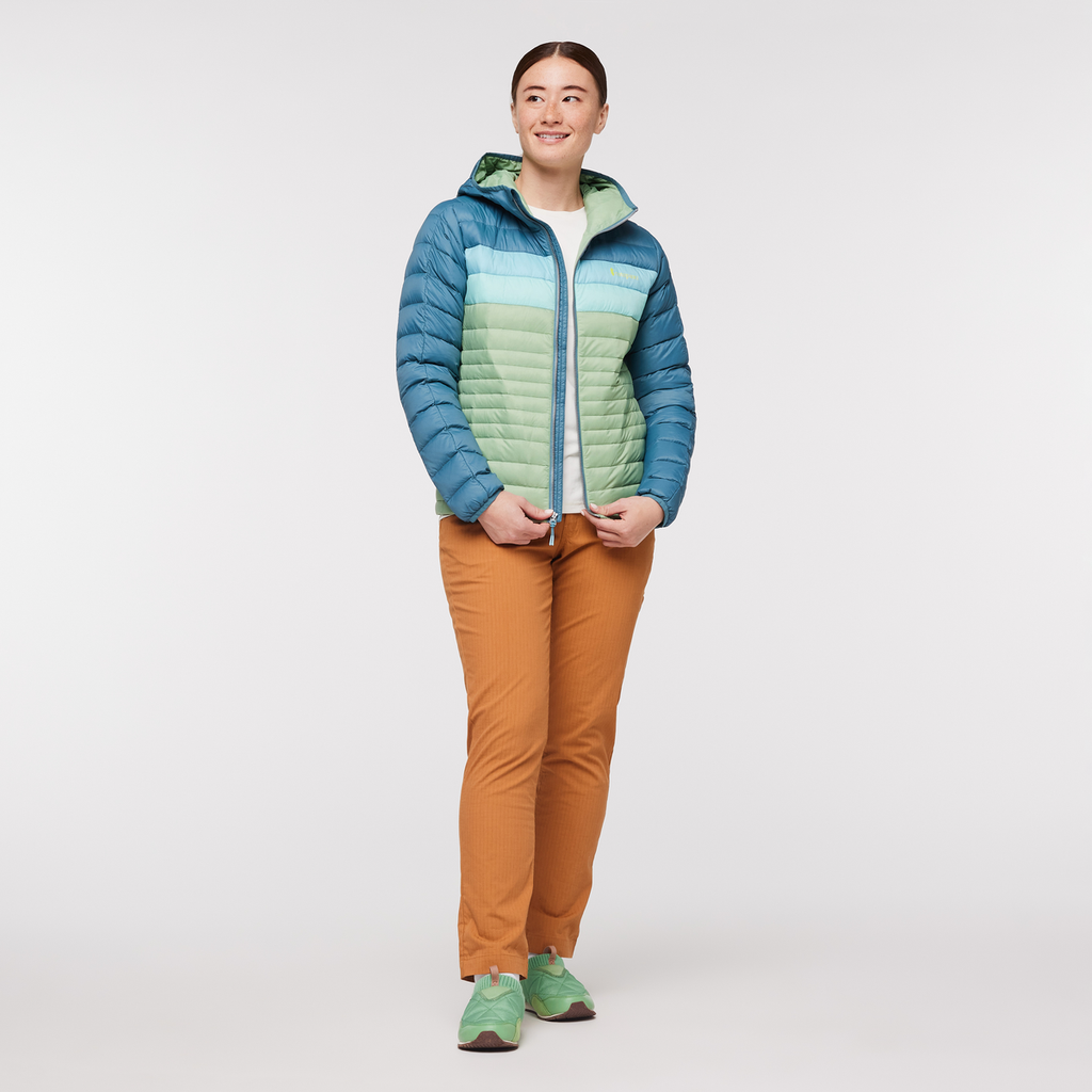 Fuego Down Hooded Jacket - Women's, Blue Spruce/Aspen, Model Aya