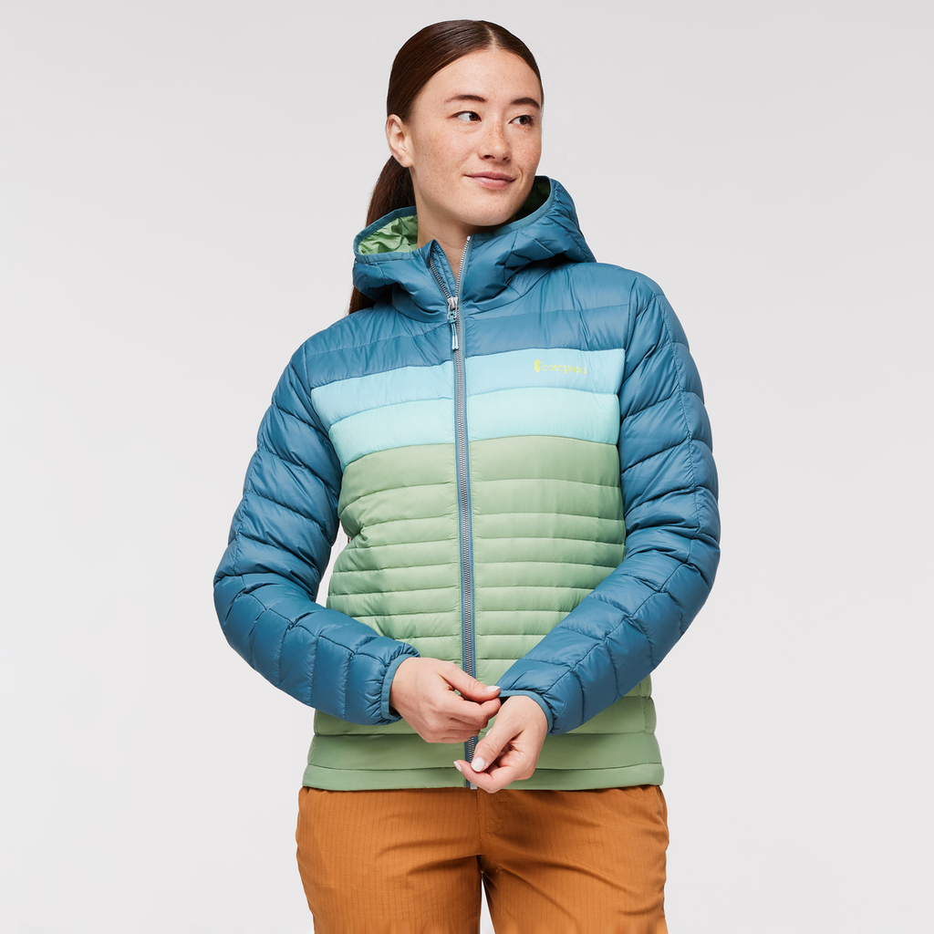 Fuego Down Hooded Jacket - Women's, Blue Spruce/Aspen, Model Aya