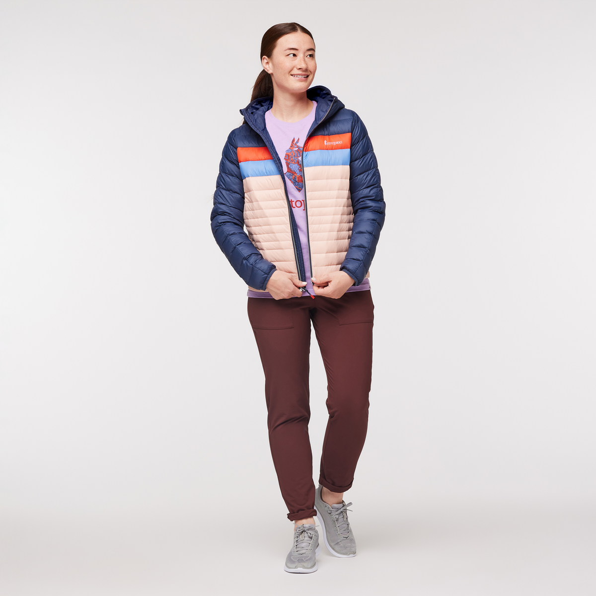 Fuego Hooded Down Jacket - Women's, Ink/Rosewood, Model Aya