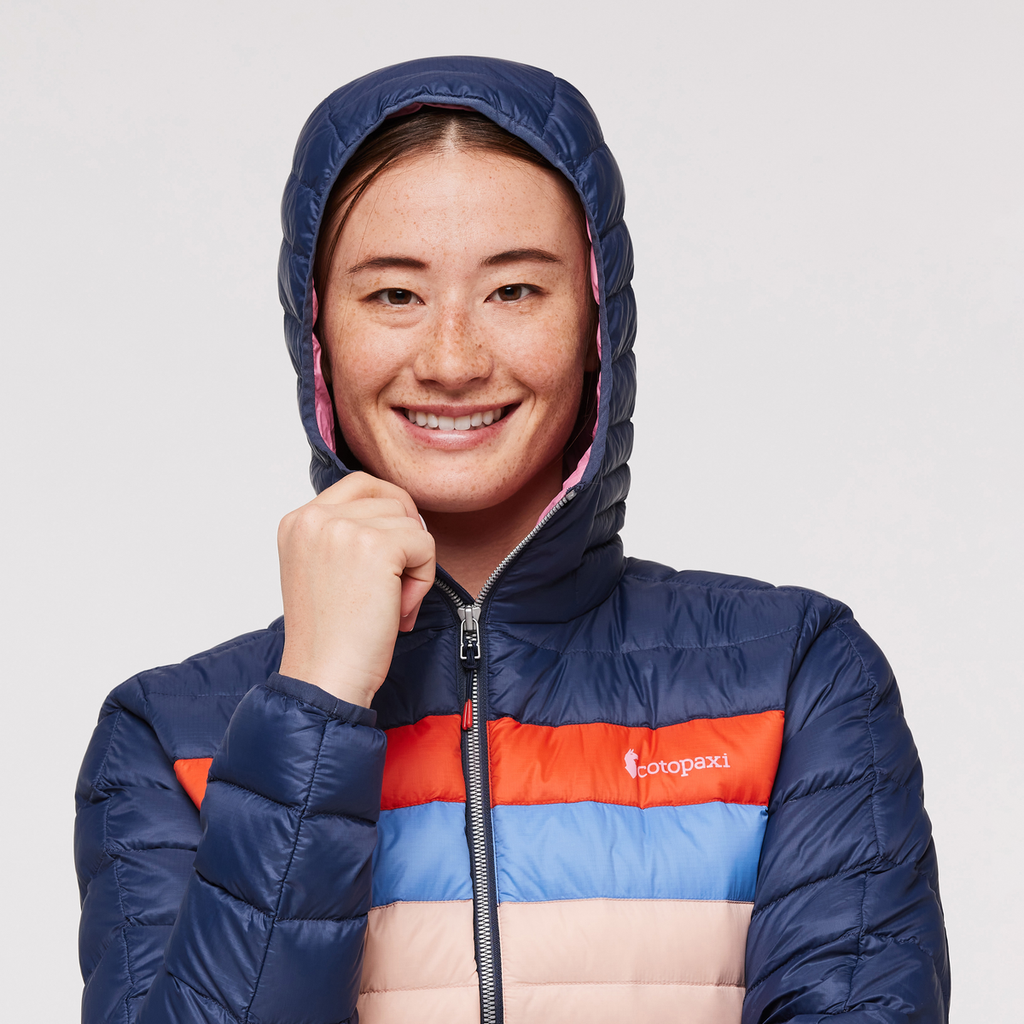 Fuego Hooded Down Jacket - Women's, Ink/Rosewood, Model Aya