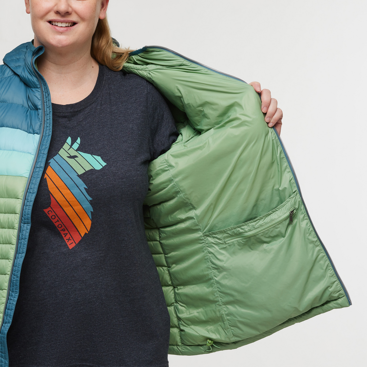 Fuego Down Hooded Jacket - Women's, Blue Spruce/Aspen, Model Jennifer
