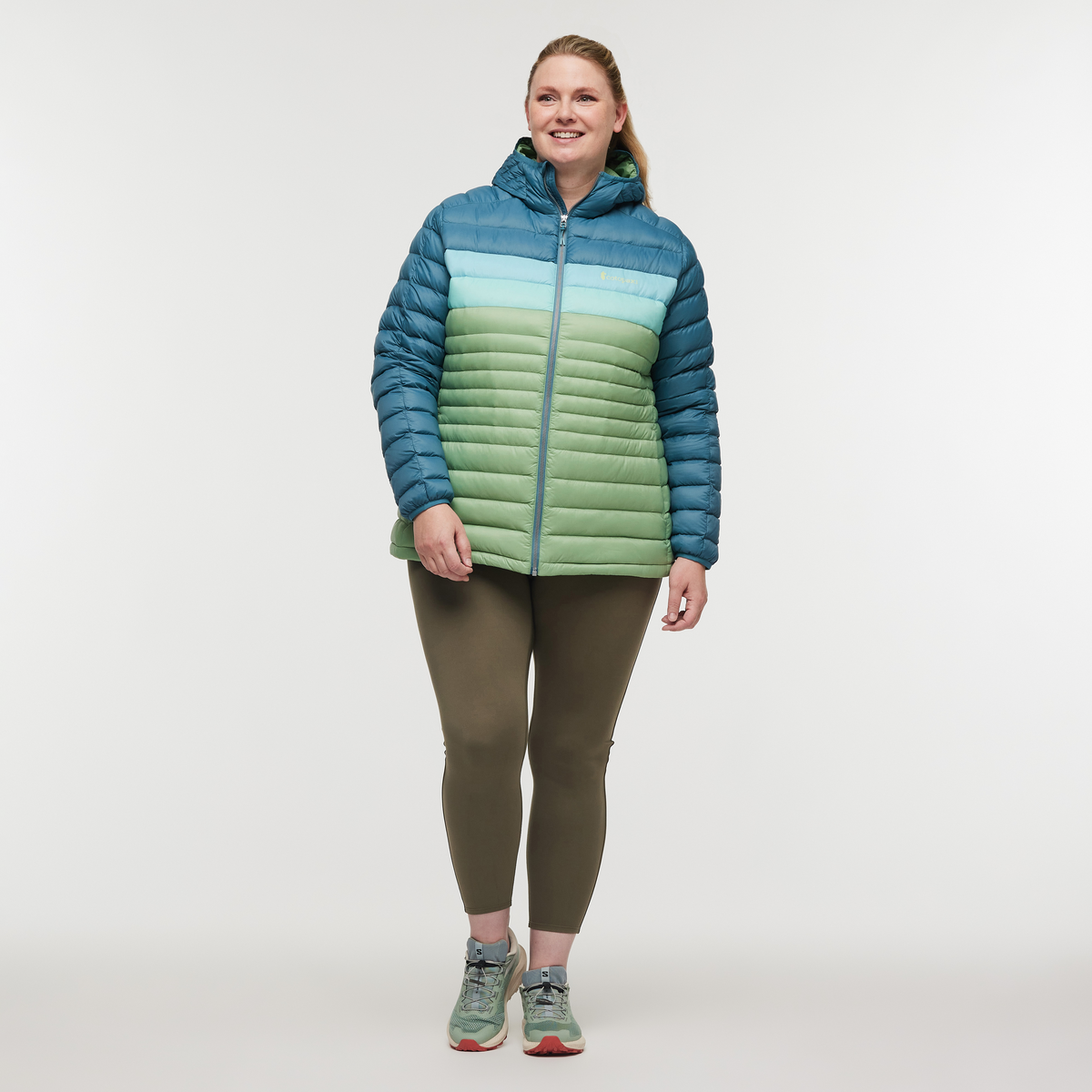 Fuego Down Hooded Jacket - Women's, Blue Spruce/Aspen, Model Jennifer