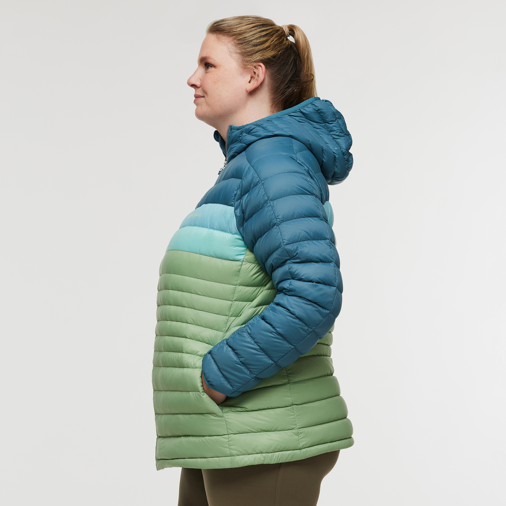 Fuego Down Hooded Jacket - Women's, Blue Spruce/Aspen, Model Jennifer