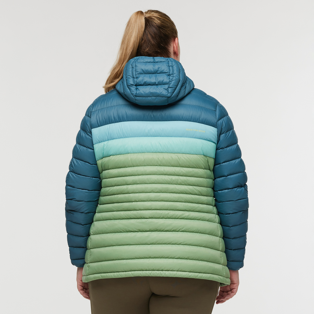 Fuego Down Hooded Jacket - Women's, Blue Spruce/Aspen, Model Jennifer
