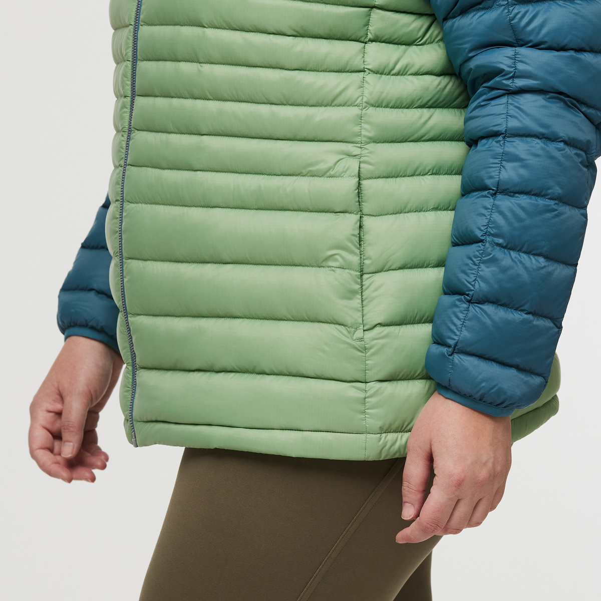 Fuego Down Hooded Jacket - Women's, Blue Spruce/Aspen, Model Jennifer