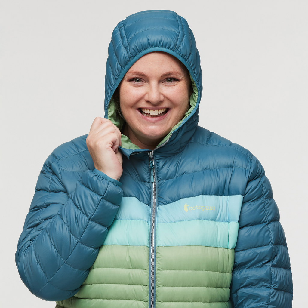 Fuego Down Hooded Jacket - Women's, Blue Spruce/Aspen, Model Jennifer
