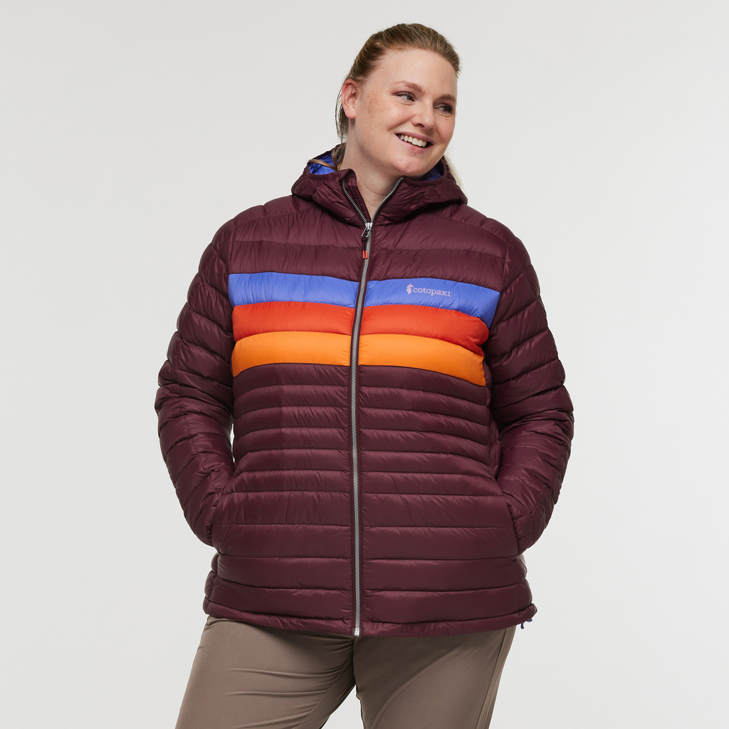 Fuego Hooded Down Jacket - Women's, Wine Stripes, Model Jennifer