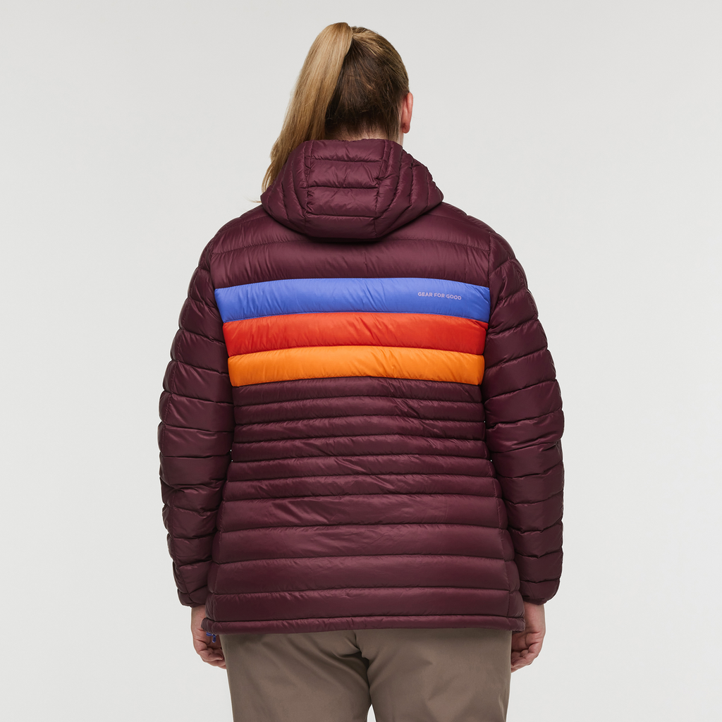 Fuego Hooded Down Jacket - Women's, Wine Stripes, Model Jennifer