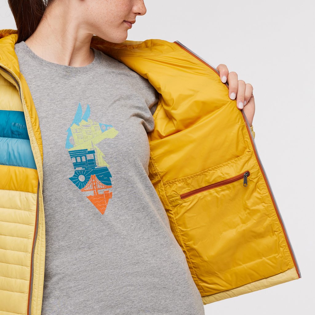 Fuego Hooded Down Jacket - Women's, Wheat Stripes, Model Aya