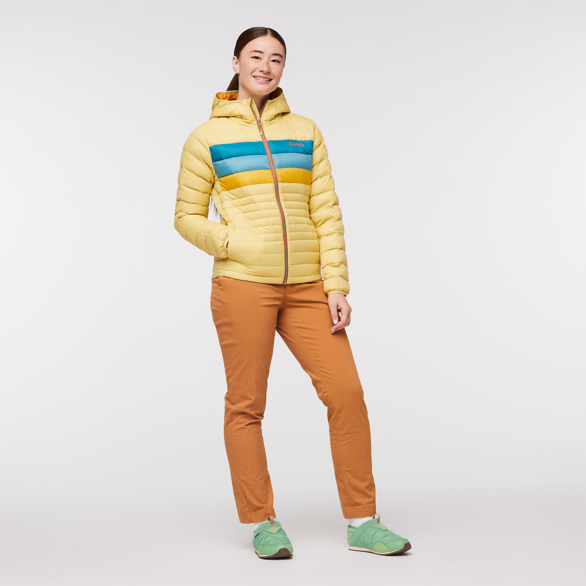 Fuego Hooded Down Jacket - Women's, Wheat Stripes, Model Aya