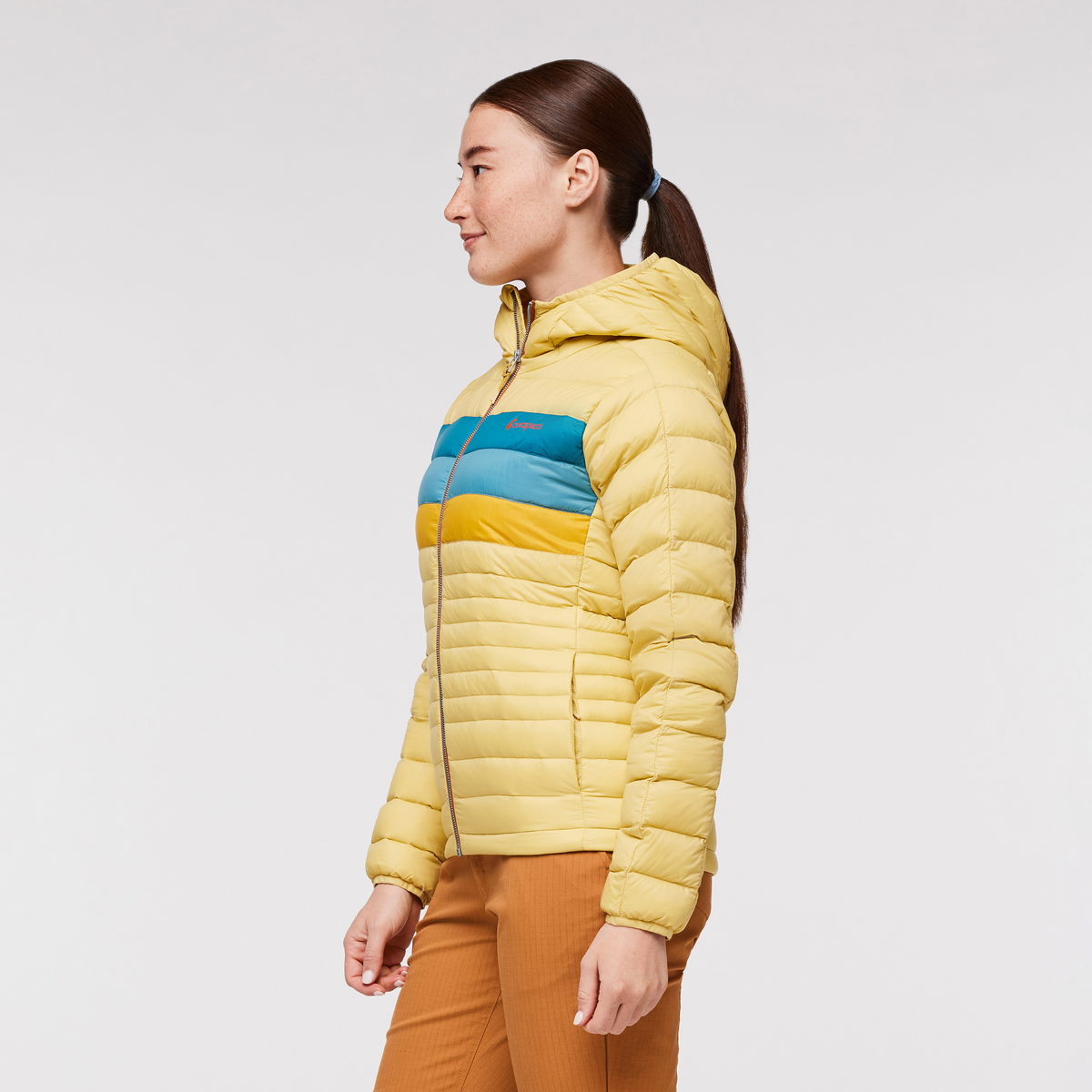 Fuego Hooded Down Jacket - Women's, Wheat Stripes, Model Aya