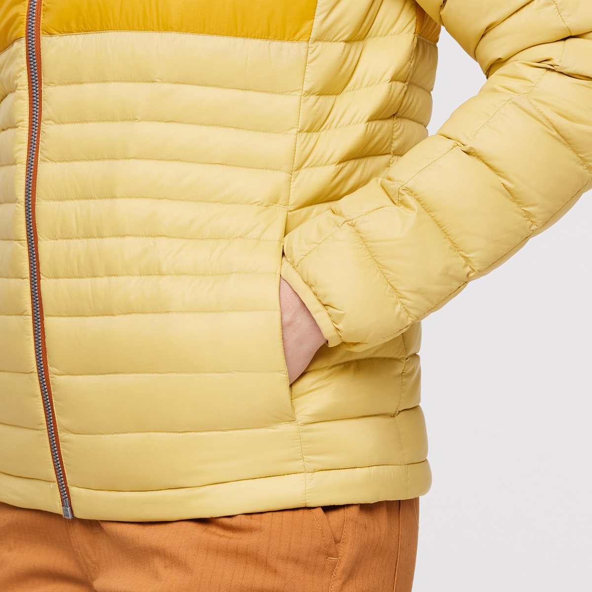 Fuego Hooded Down Jacket - Women's, Wheat Stripes, Model Aya