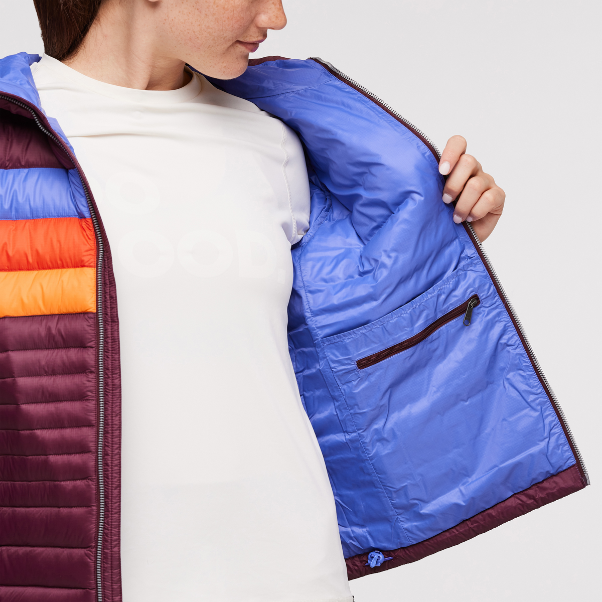 Fuego Hooded Down Jacket - Women's, Wine Stripes, Model Aya